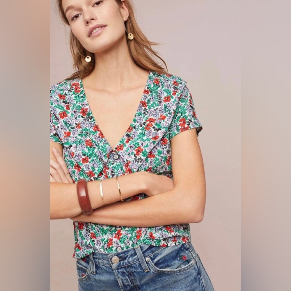 Maeve by Anthropologie|Austen green floral twill oversized collar/Peterpan top•